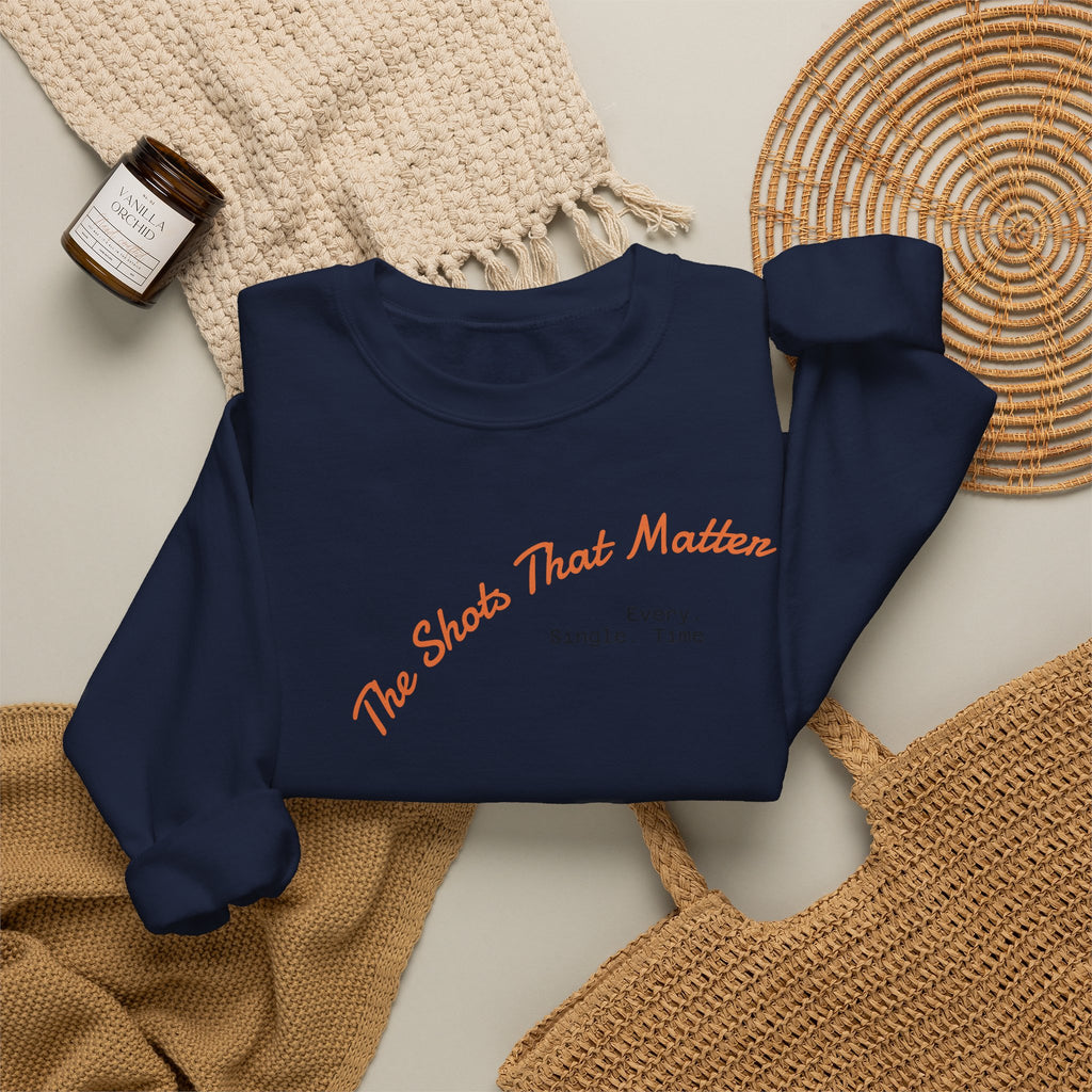 Crewneck Sweatshirt — "The Shots That Matter" Minimal Script Comfort Pullover